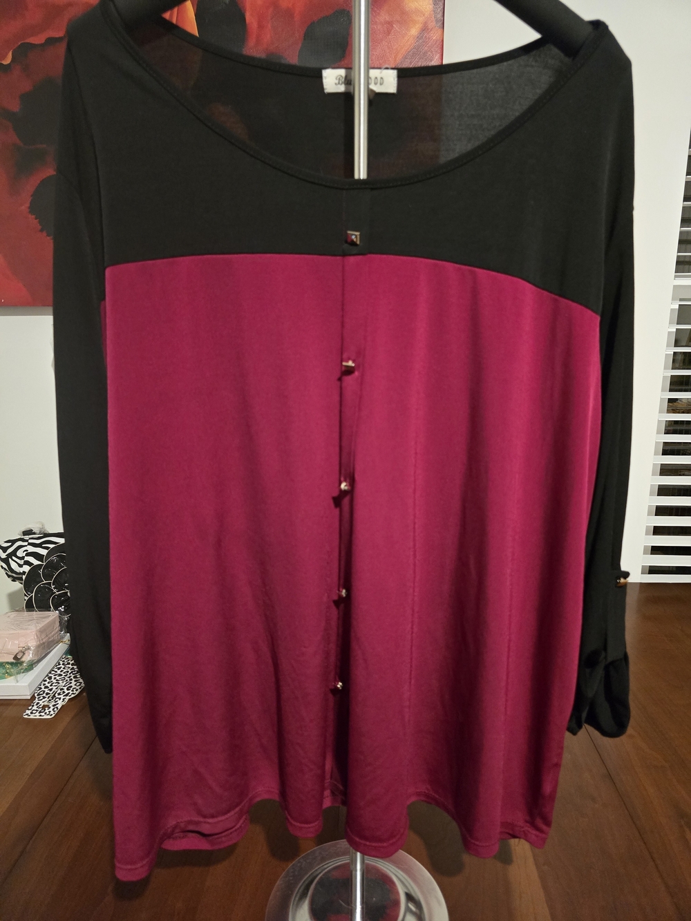 Blue Mood XXXL Colorblock Button-Front Long Sleeve Top in Black and Berry